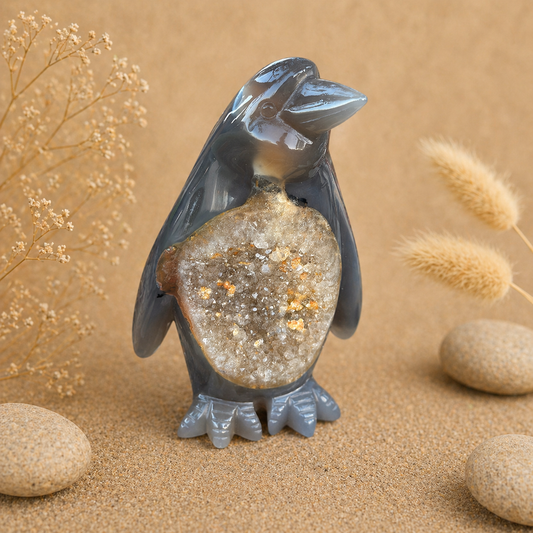 Agate Crystal Penguin Geode Carving 723g with natural sparkling geode centre and hand-carved penguin form