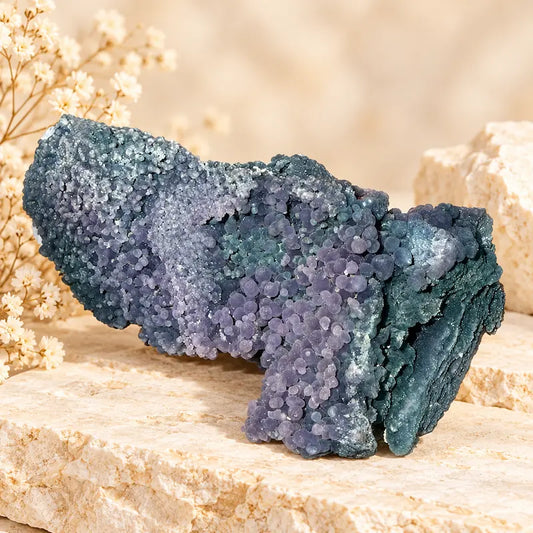 Natural Grape Agate crystal specimen 1.87kg, 25 x 12 x 11cm, with purple-grey botryoidal clusters and blue-grey mineral formations