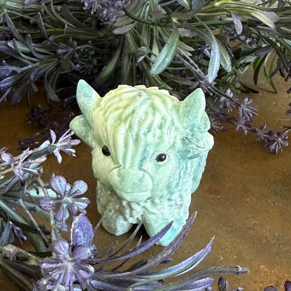 Green Moss Agate Highland Cow crystal carving with green moss-like mineral inclusions and hand-carved details