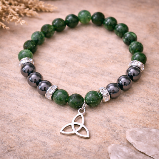 Green Aventurine & Hematite Spiritual Bracelet with Triquetra – Protection & Luck