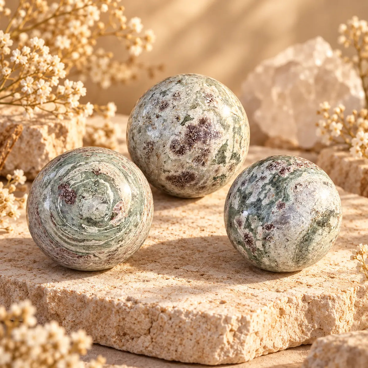 Green Cherry Blossom crystal sphere approximately 6cm with soft green natural patterning