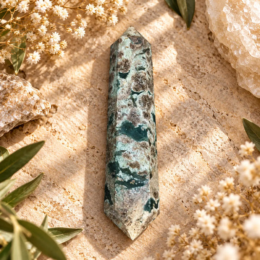 Green Cherry Blossom Jasper double-ended crystal point with natural green patterning
