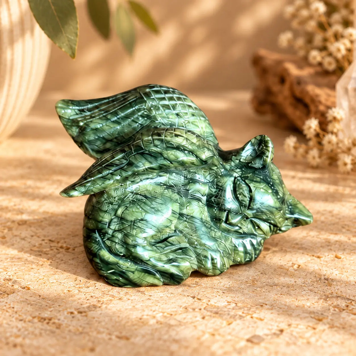Green Jade sleeping cat angel crystal carving with wings – memorial keepsake