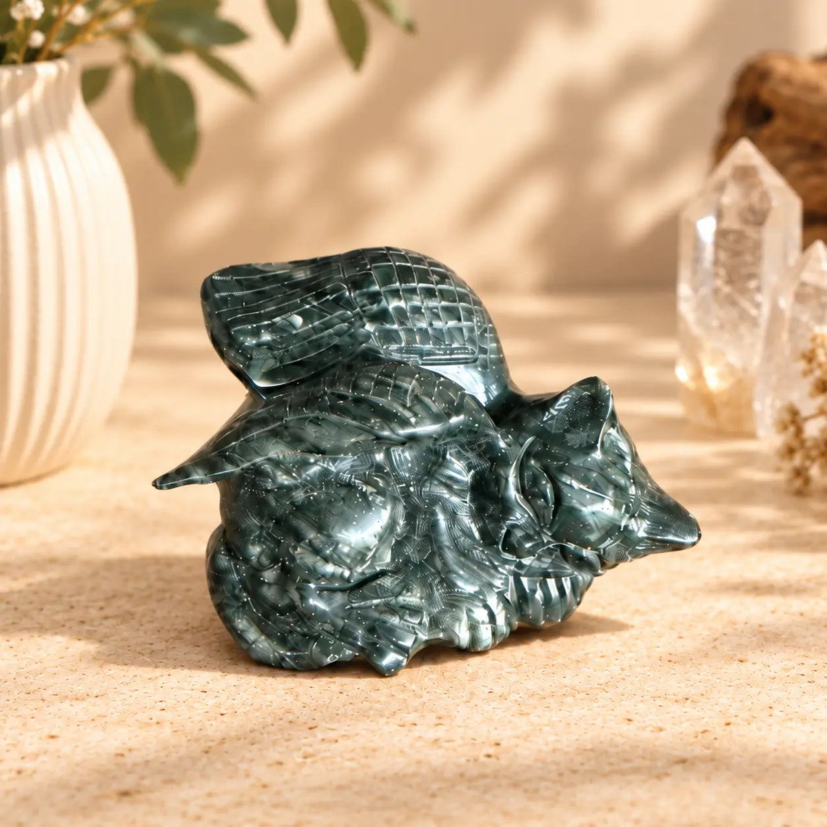 Green Jade sleeping cat angel crystal carving with wings – pet remembrance gift