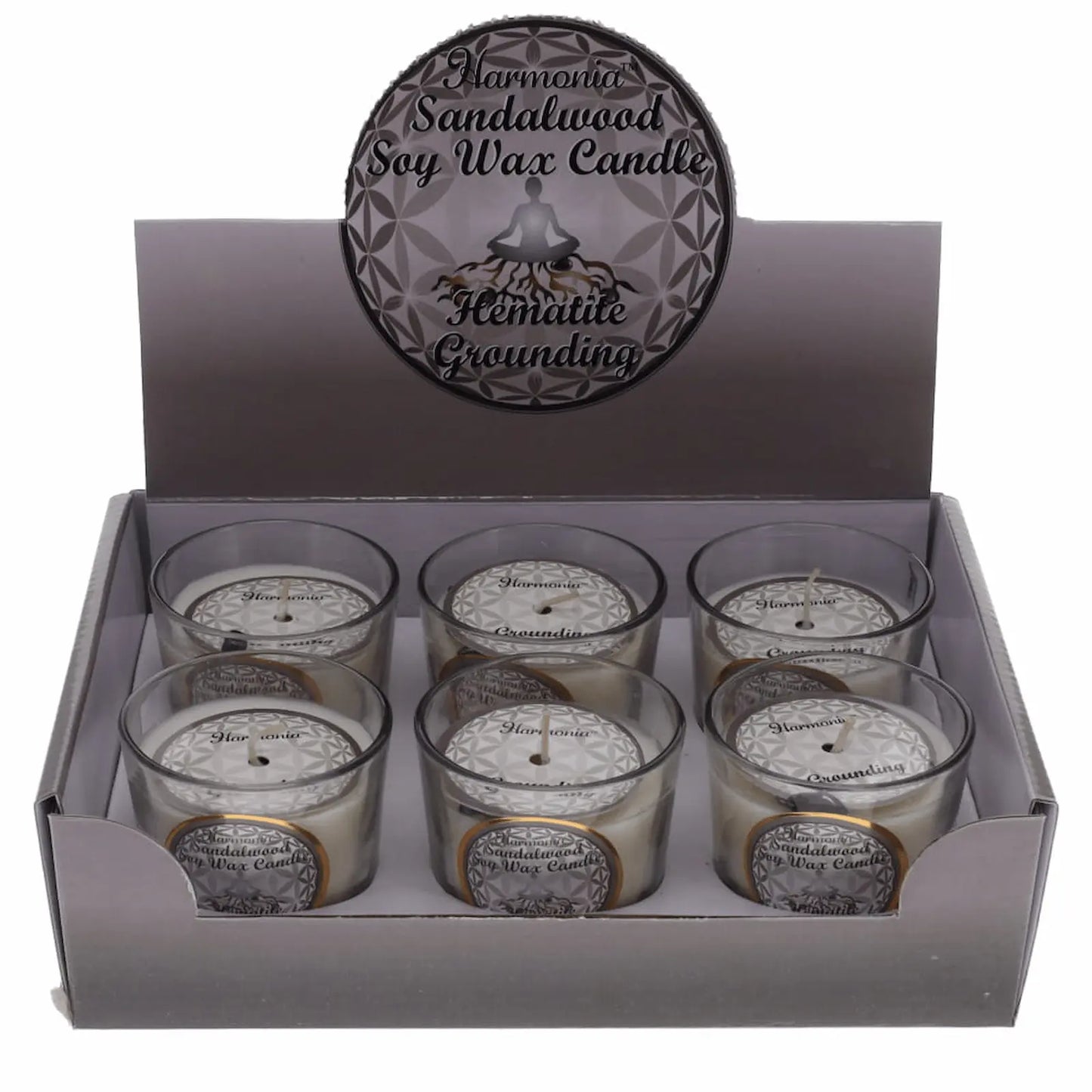 Grounding Hematite Sandalwood soy wax votive candle for spiritual protection balance meditation and emotional healing