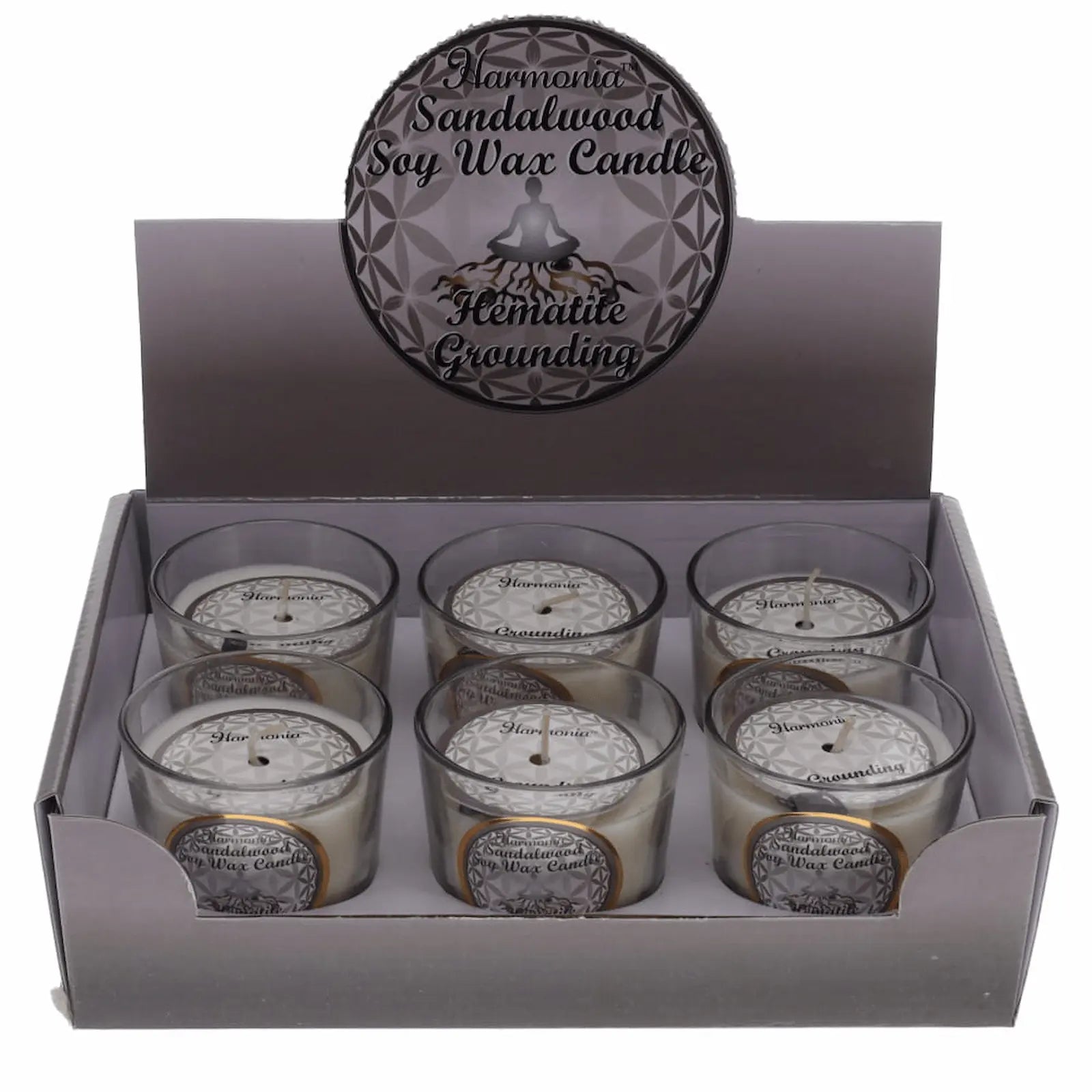 Grounding Hematite Sandalwood soy wax votive candle for spiritual protection balance meditation and emotional healing