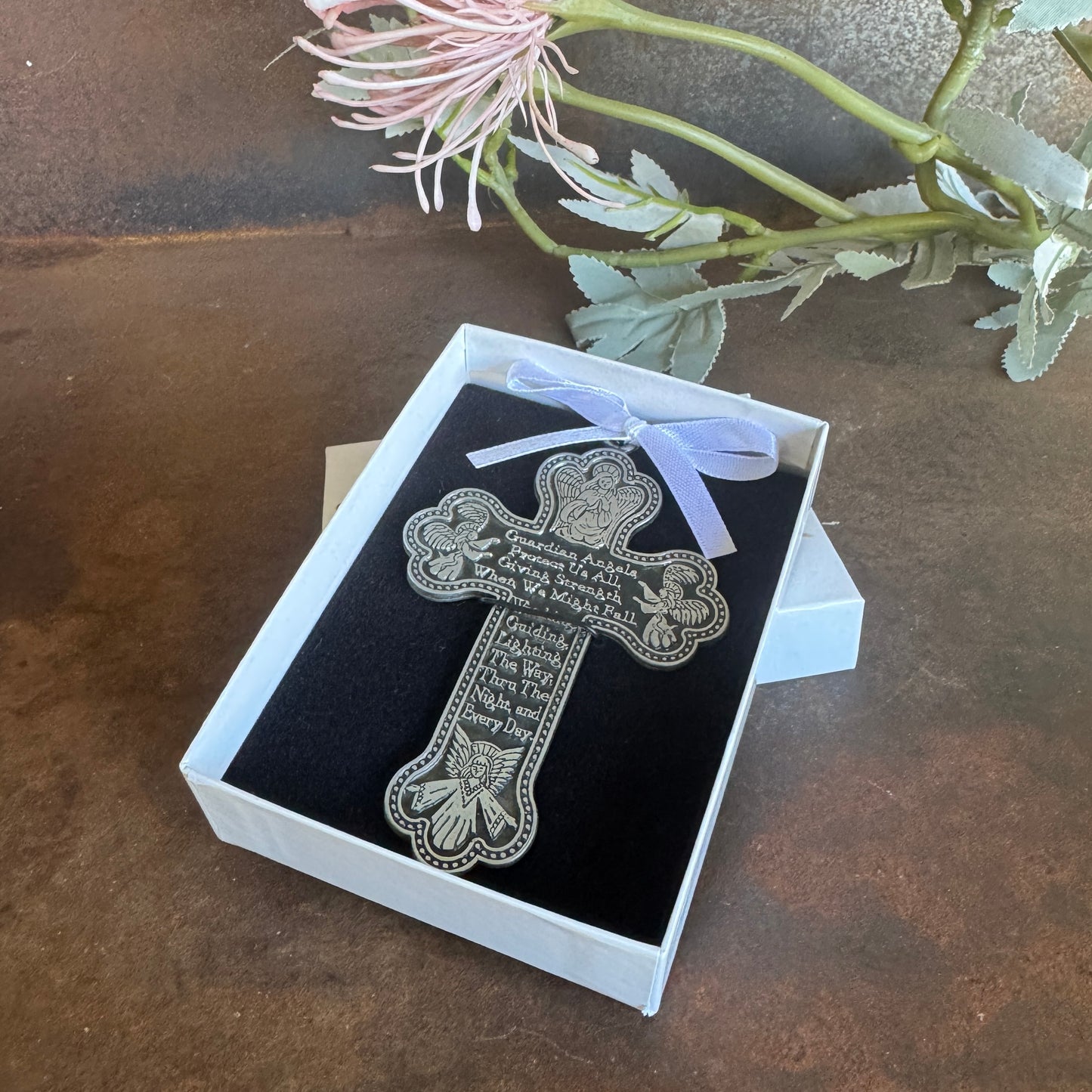 Guardian Angel Cross with White Ribbon & Protection Medal – Divine Guidance & Faith Gift