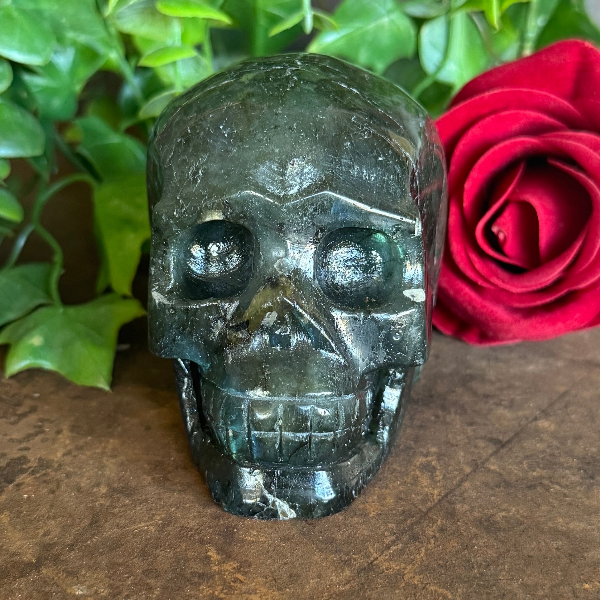 Hand-carved Labradorite Crystal Skull 574g with vivid blue, green and gold flash for spiritual protection, intuition, energy healing, and sacred décor