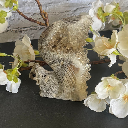 Hand-carved squirrel geode carving crystal ornament for grounding, joy, emotional healing and spiritual décor