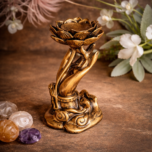 Hand holding lotus crystal sphere holder stand for spiritual healing, energy alignment and crystal display Australia