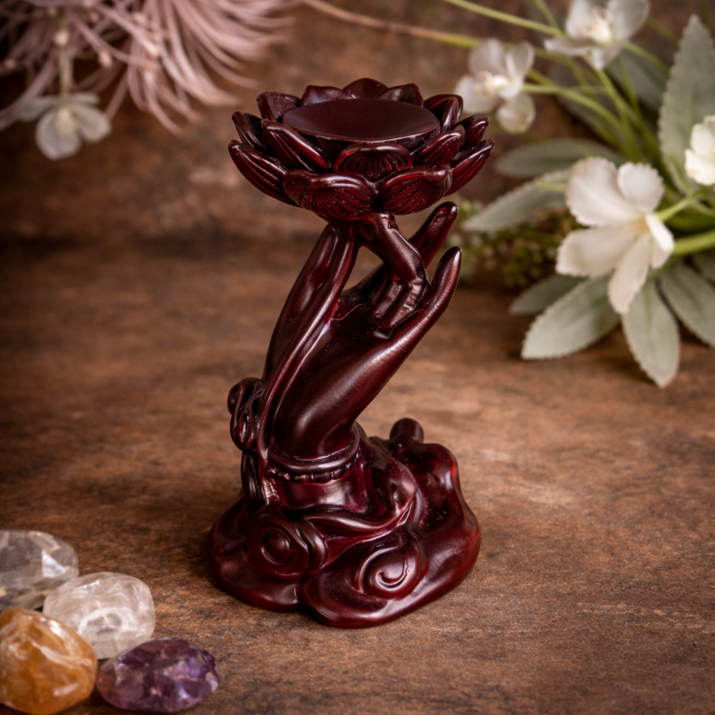 Hand holding lotus crystal sphere holder timber look resin stand for spiritual healing, energy alignment and crystal display Australia