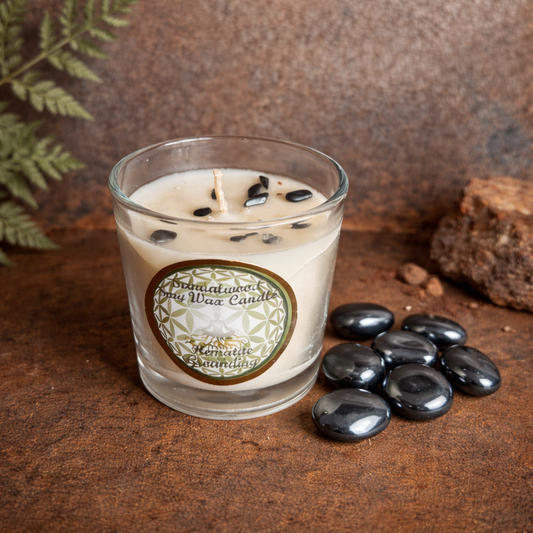 Grounding Hematite & Sandalwood Soy Wax Votive Candle – Intentional Spiritual Candle for Protection, Stability & Emotional Healing