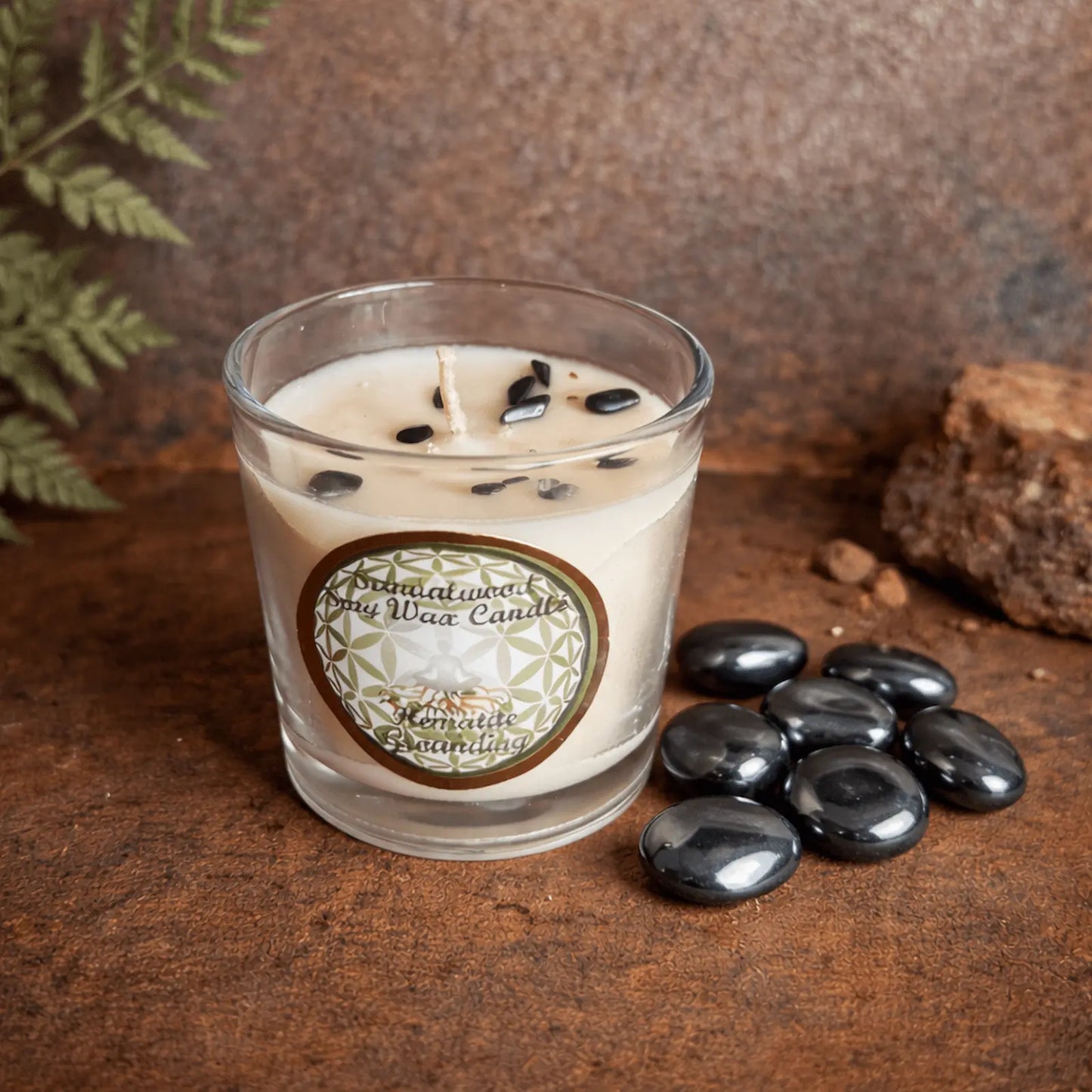 Grounding Hematite Sandalwood soy wax votive candle for spiritual protection balance meditation and emotional healing