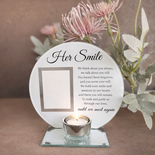 Her Smile Memorial Glass Photo Frame with Tea Light Holder – Grief Healing, Remembrance & Spiritual Comfort