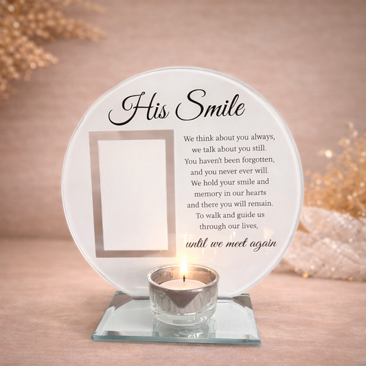 His Smile Memorial Glass Photo Frame with Tea Light Holder – Grief Healing, Remembrance & Spiritual Comfort