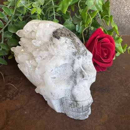 Large Clear Quartz Skull with Pyrite 1220g featuring exposed Clear Quartz cluster and natural Pyrite for spiritual healing, abundance, protection, clarity, and sacred décor