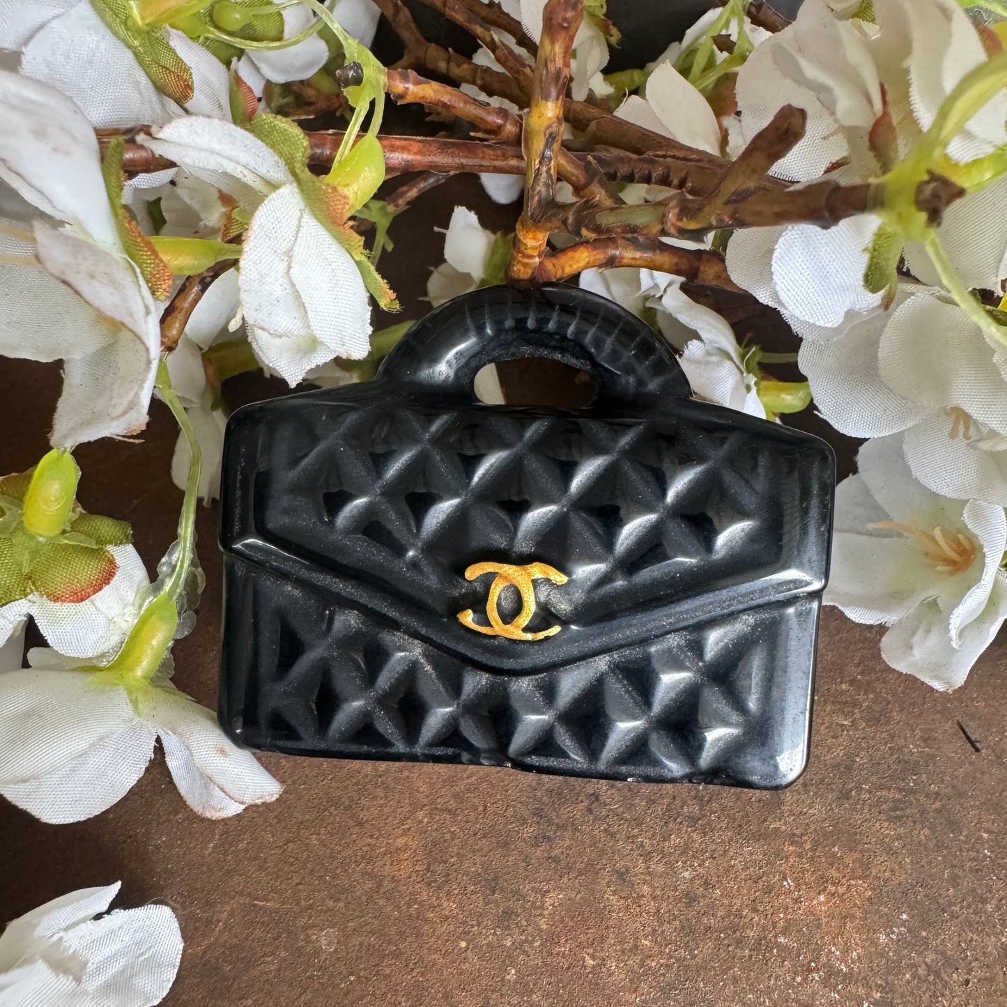 Black Obsidian crystal designer handbag ornament for spiritual protection, grounding, clarity, and energy cleansing