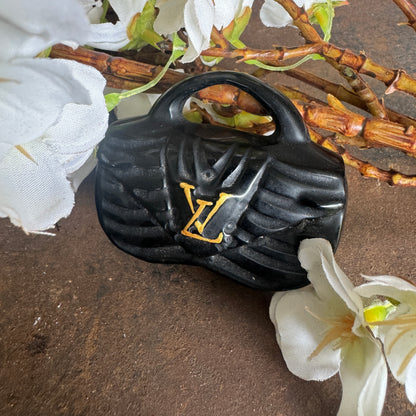 Black Obsidian crystal designer handbag ornament for spiritual protection, grounding, clarity, and energy cleansing