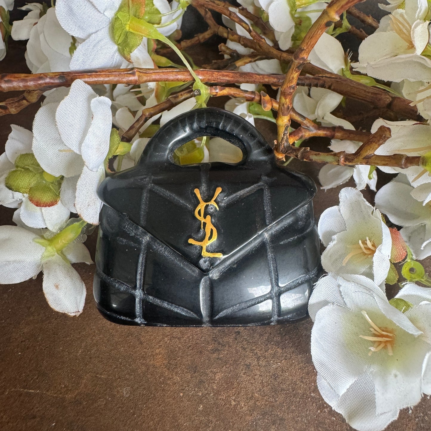 Black Obsidian crystal designer handbag ornament for spiritual protection, grounding, clarity, and energy cleansing