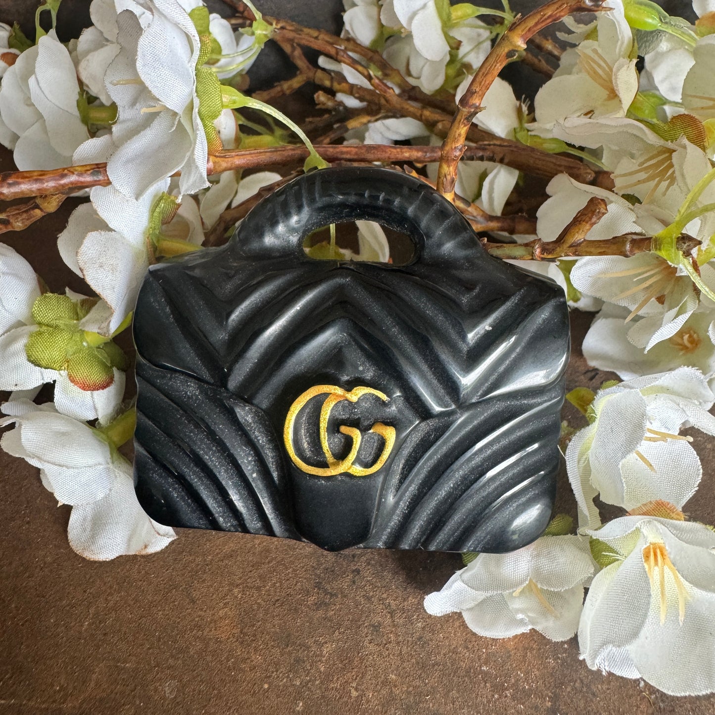 Black Obsidian crystal designer handbag ornament for spiritual protection, grounding, clarity, and energy cleansing