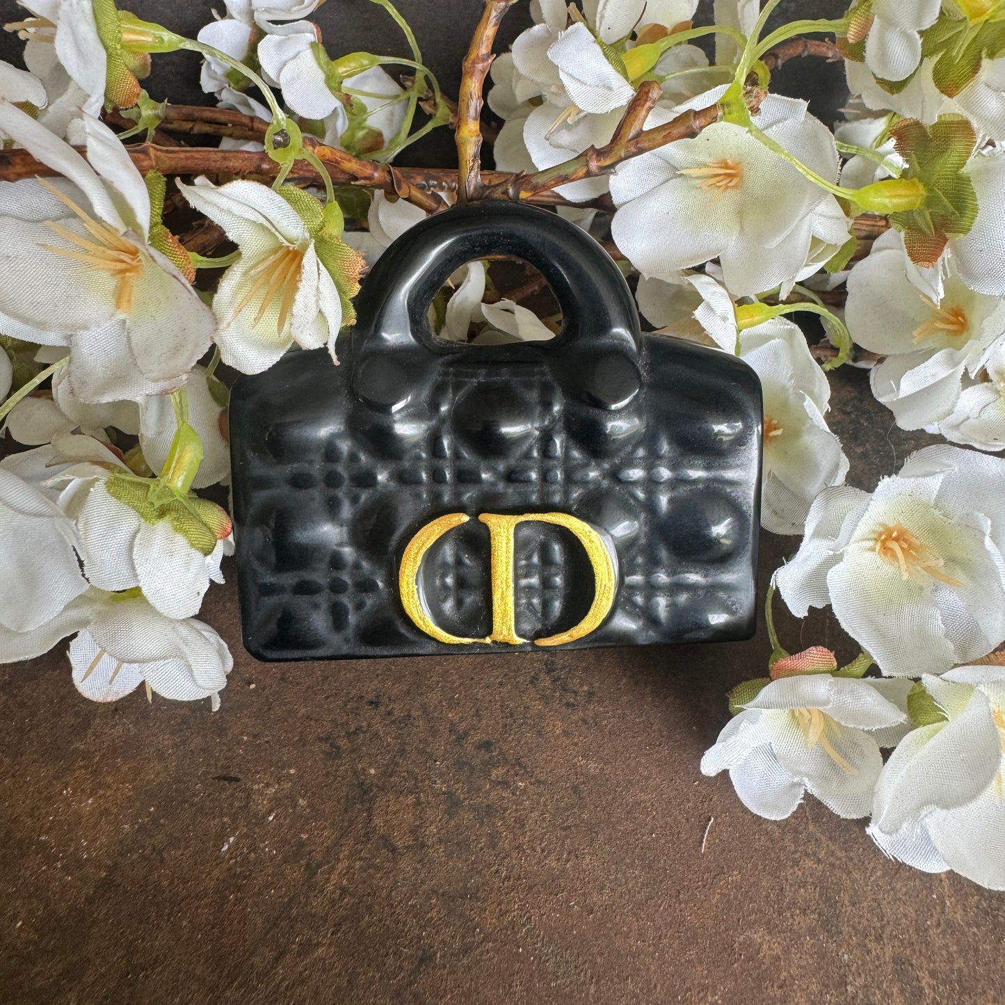 Black Obsidian crystal designer handbag ornament for spiritual protection, grounding, clarity, and energy cleansing