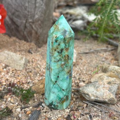 Phoenix Stone Crystal Tower Chrysocolla Malachite Turquoise spiritual healing protection renewal crystal tower
