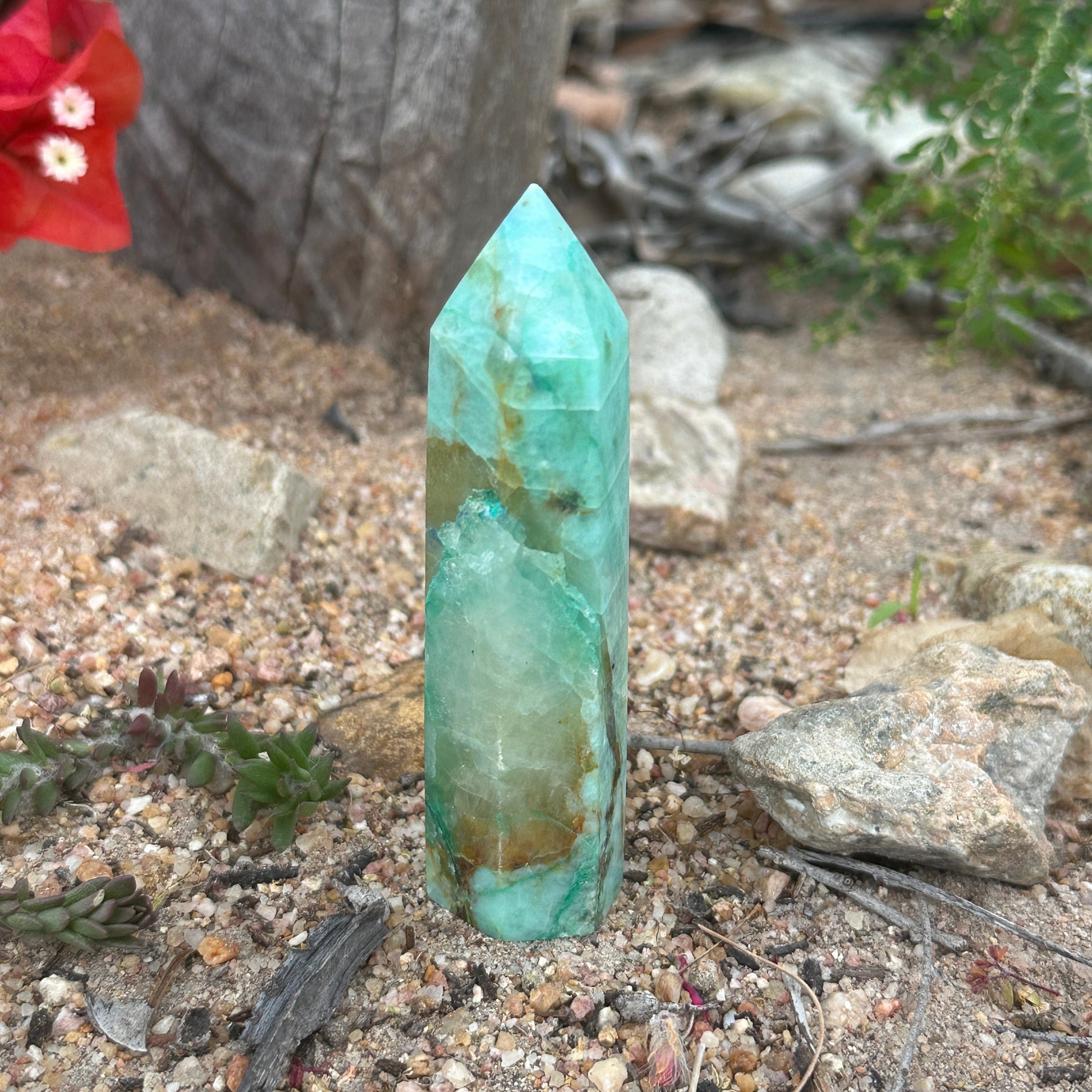 Phoenix Stone Crystal Tower Chrysocolla Malachite Turquoise spiritual healing protection renewal crystal tower