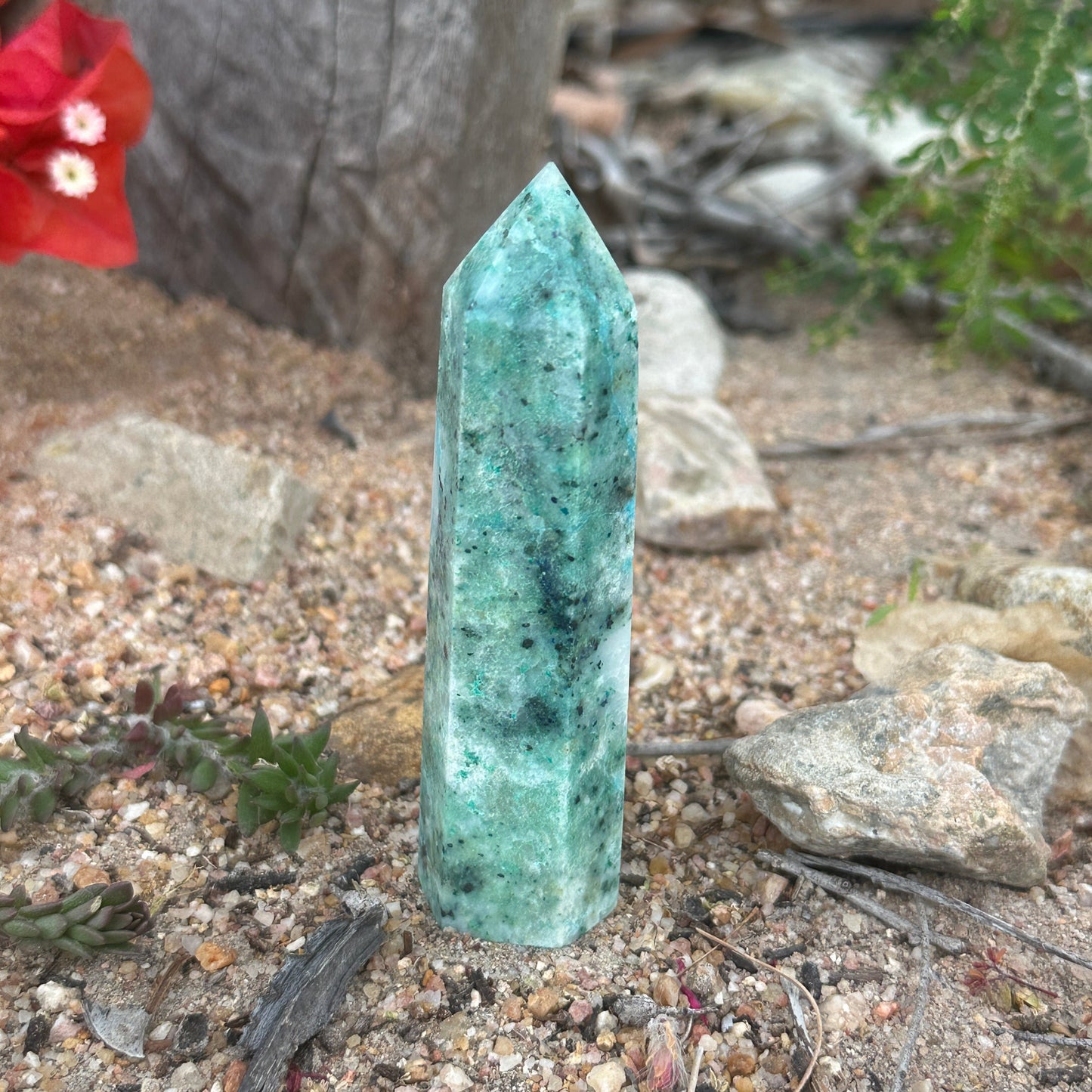Phoenix Stone Crystal Tower Chrysocolla Malachite Turquoise spiritual healing protection renewal crystal tower