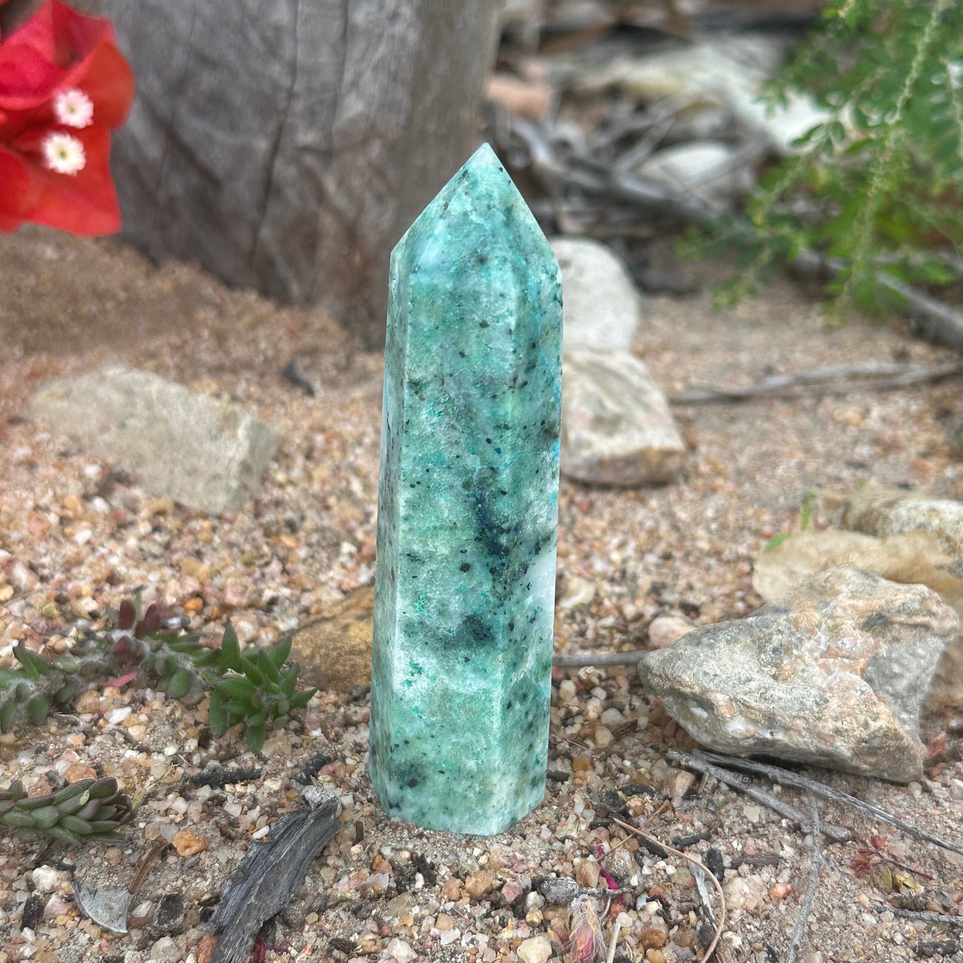 Phoenix Stone Crystal Tower Chrysocolla Malachite Turquoise spiritual healing protection renewal crystal tower