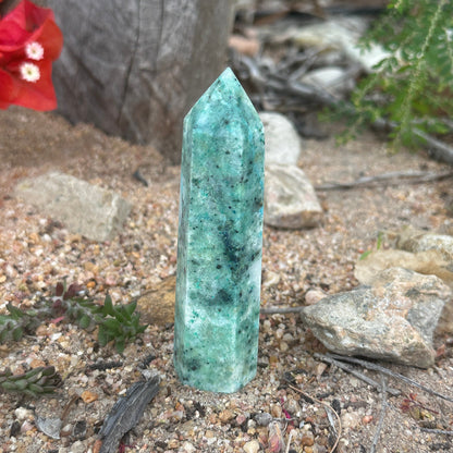 Phoenix Stone Crystal Tower Chrysocolla Malachite Turquoise spiritual healing protection renewal crystal tower