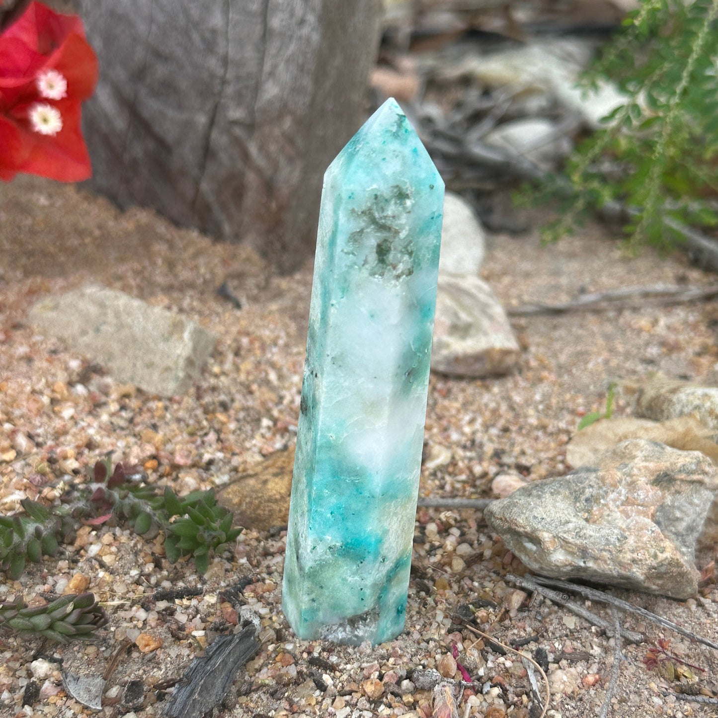 Phoenix Stone Crystal Tower Chrysocolla Malachite Turquoise spiritual healing protection renewal crystal tower