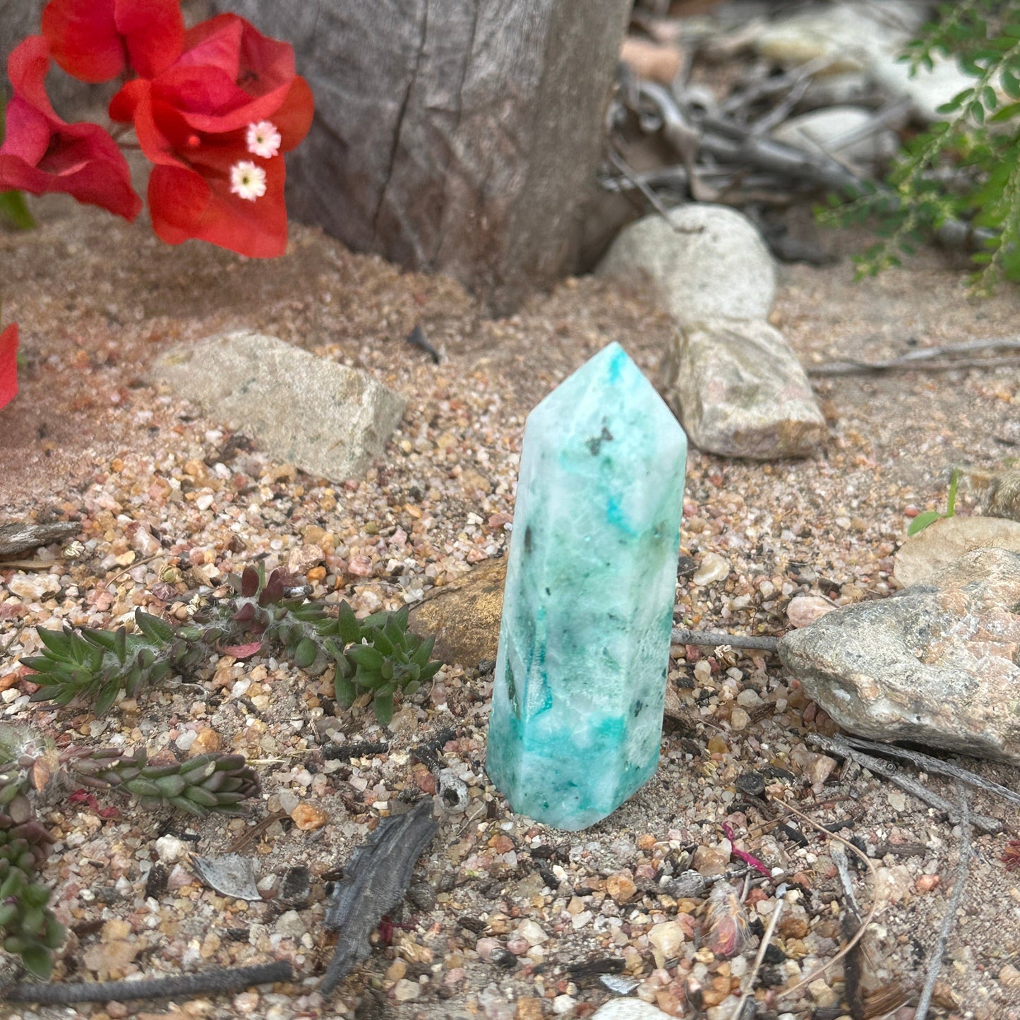 Phoenix Stone Crystal Tower Chrysocolla Malachite Turquoise spiritual healing protection renewal crystal tower