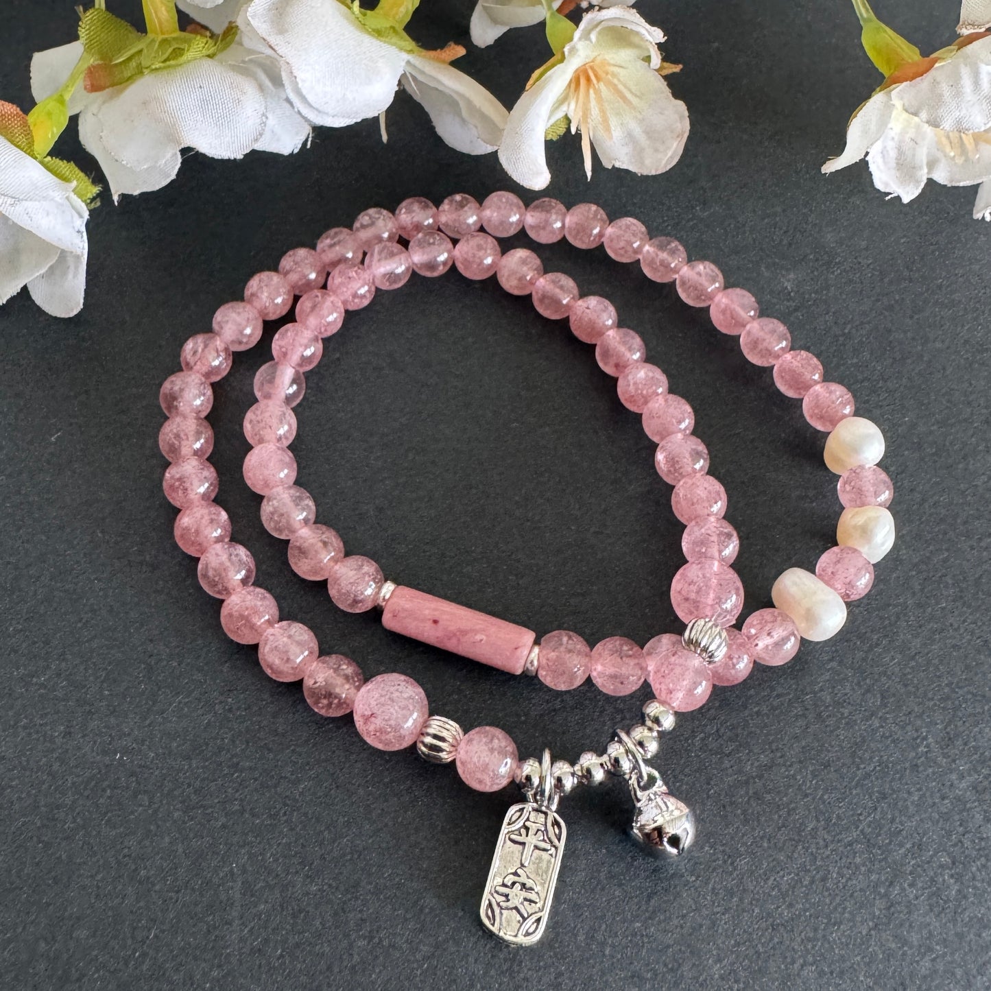 Strawberry Quartz & Pearl Spiritual Bracelet – Love, Healing & Protection