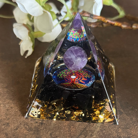 Tree of Life Orgonite Pyramid with Black Obsidian & Amethyst – Spiritual Protection, Grounding & Energy Healing