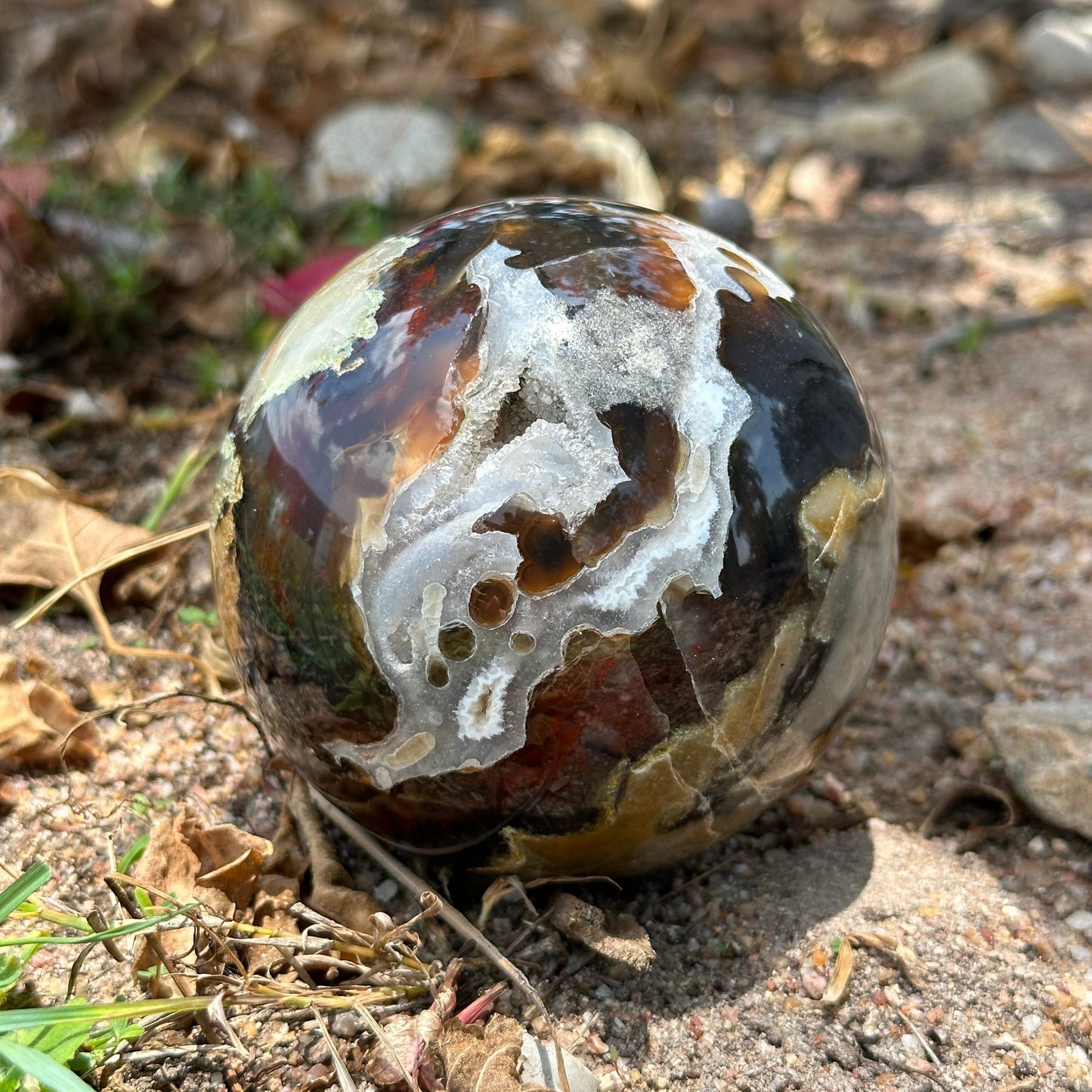 Volcanic Agate Crystal Sphere – UV Reactive Healing Sphere for Grounding, Protection & Spiritual Renewal