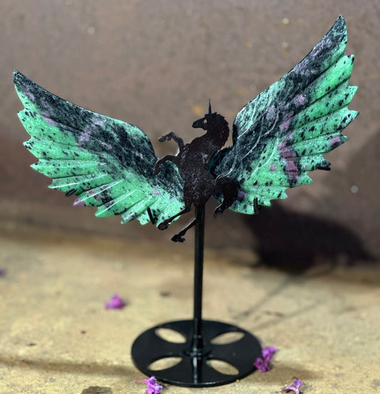 Unicorn Pegasus Stand featuring Ruby in Zoisite Wings – Transformation, Empowerment & Spiritual Awakening
