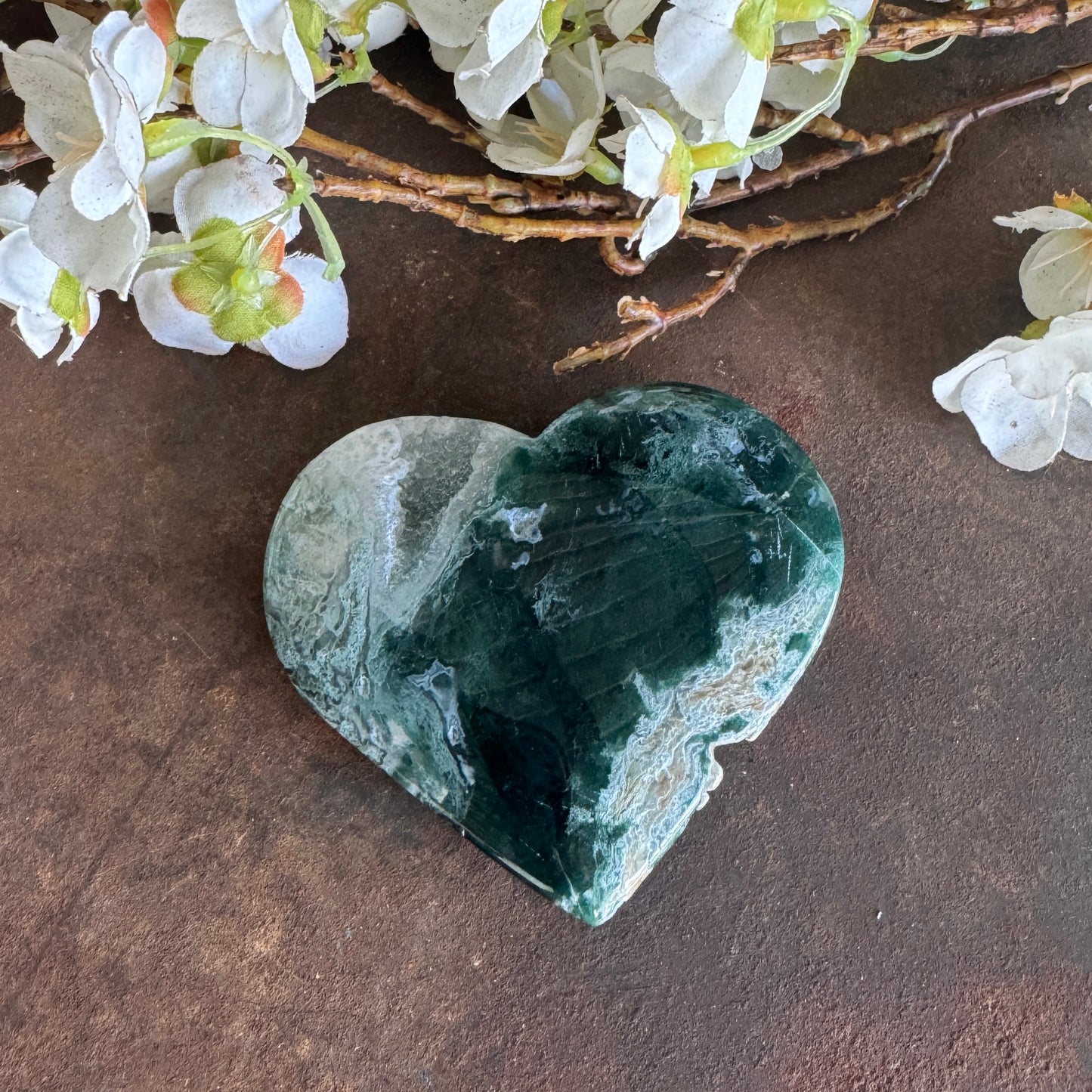 Moss Agate Crystal Heart – Emotional Healing, New Beginnings & Heart Chakra Balance