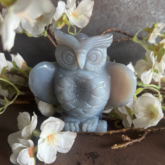 Agate Crystal Owl with Geode – Wisdom, Protection & Inner Strength