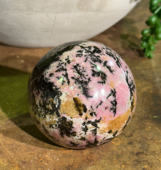 Rhodonite Crystal Sphere for emotional healing, grief support, heart chakra healing, compassion, and balance