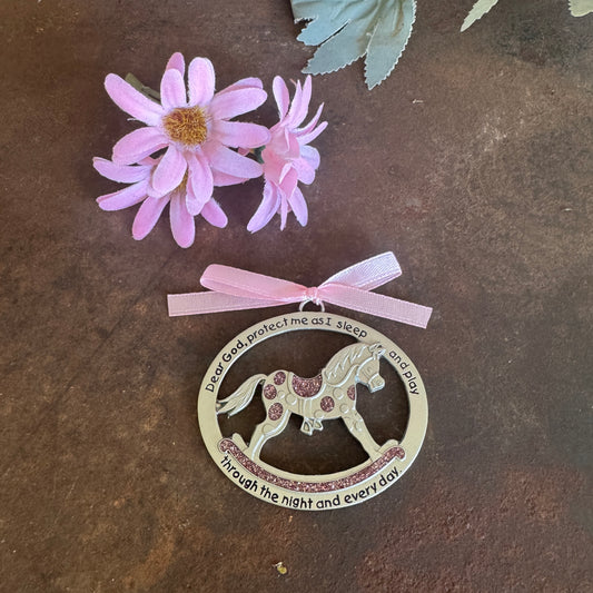 Sparkling Crib Medal – “Dear God Protect Me” Rocking Horse (Pink or Blue)