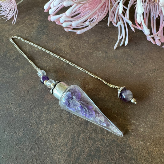 Amethyst Chips Glass Teardrop Pendulum – Intuition, Clarity & Spiritual Guidance
