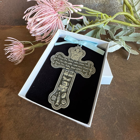 Crib Cross with Blue Ribbon & Protection Medal – Baby Blessing & Spiritual Protection Gift