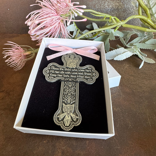 Crib Cross with Pink Ribbon & Protection Medal – Baby Blessing Cross & Christening Gift (Australia)