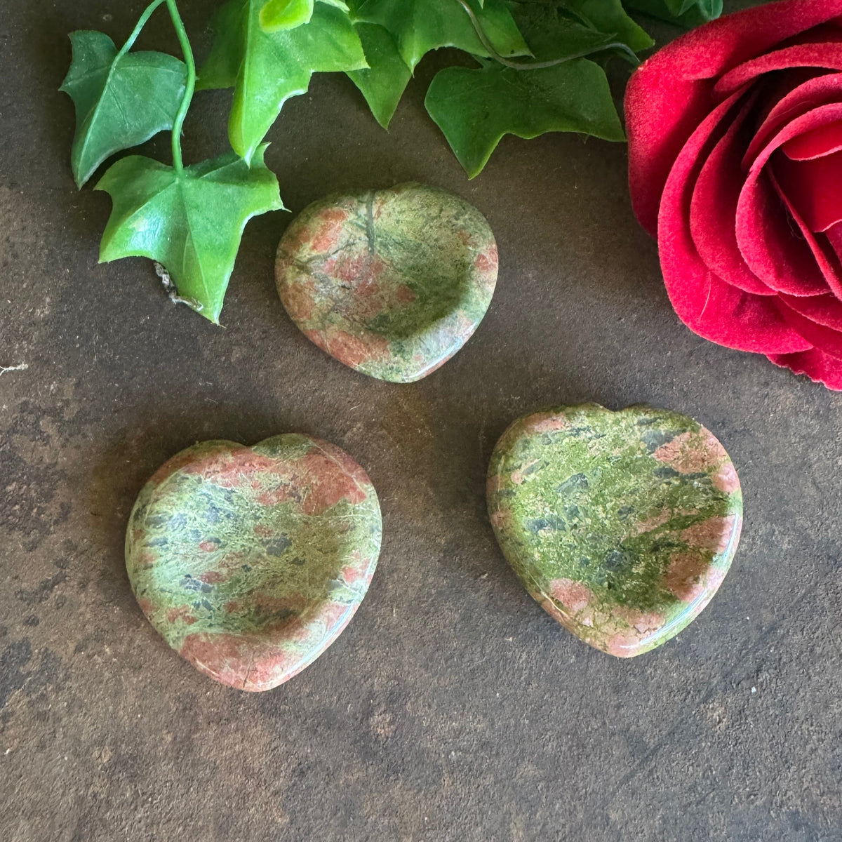 Unakite heart-shaped thumb stone for emotional healing, balance and growth