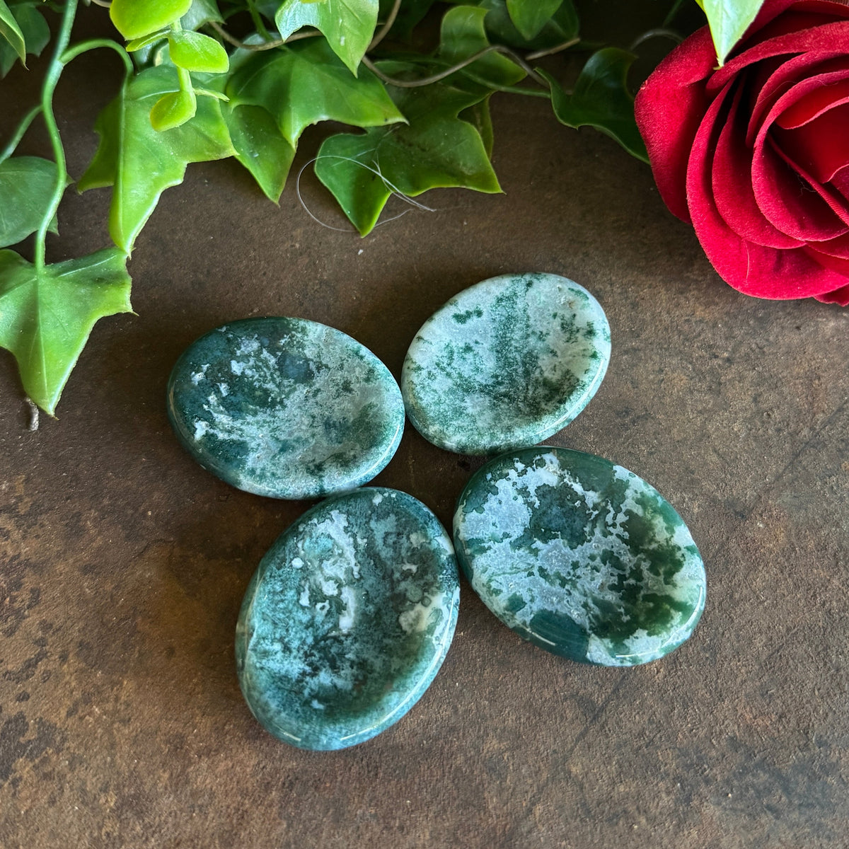Moss Agate worry stone for grounding, growth and renewal