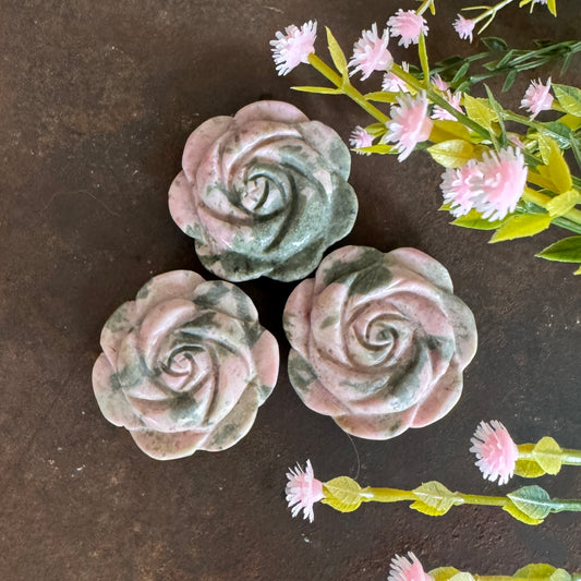 Rhodochrosite crystal flower carving for love compassion emotional healing and self-love