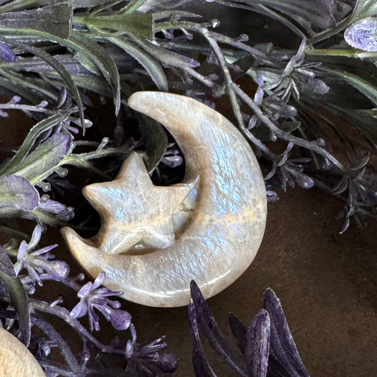 Moonstone Crystal Moon with Star Carving – Intuition & Healing
