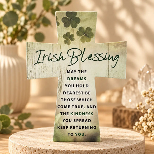 Irish Blessing resin cross with shamrock design and prayer — May the dreams you hold dearest come true