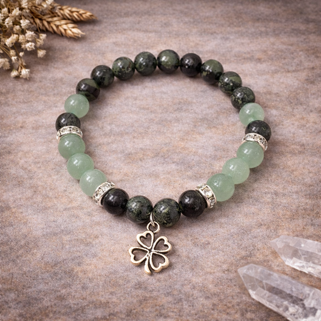Kambaba Jasper & Green Aventurine Spiritual Bracelet – Four Leaf Clover Luck Charm (8mm)