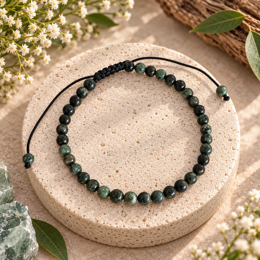 Kambaba Jasper 4mm adjustable crystal bracelet with green and black beads